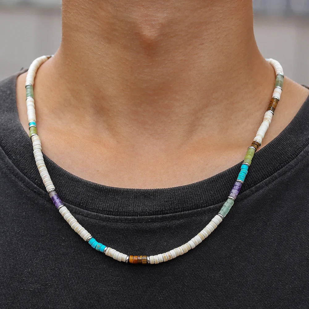 Vintage Herren Halskette mit Natursteinperlen, Bohemian Edelstahl-Holzscheiben-Halskette, Modeschmuck-Accessoires – Detail 3