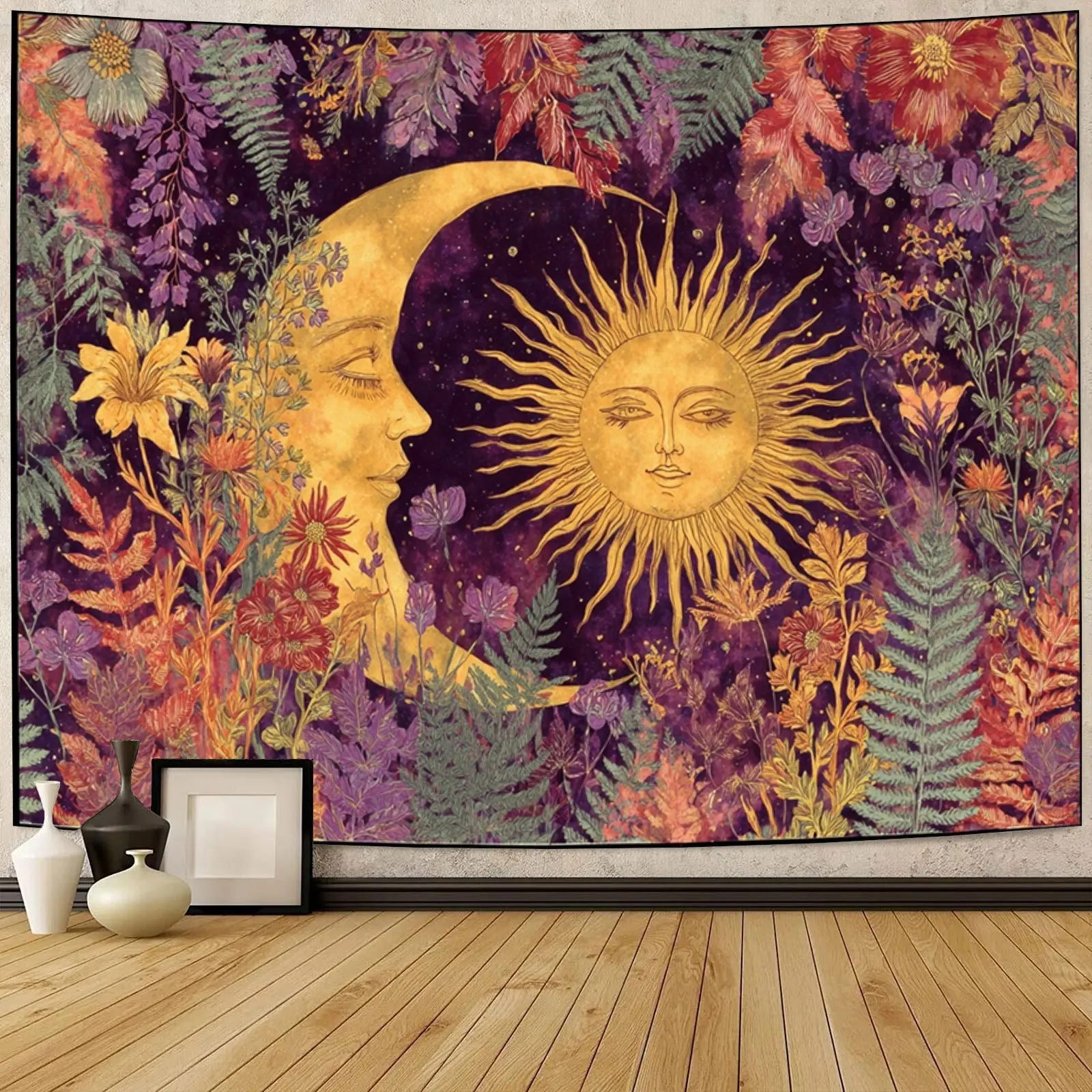 Tapestry Anime Tapestry Clearance Sun and Moon Floral Tapestry 2D Digital Print Polyester Wall Hanging Bohemian Living Room