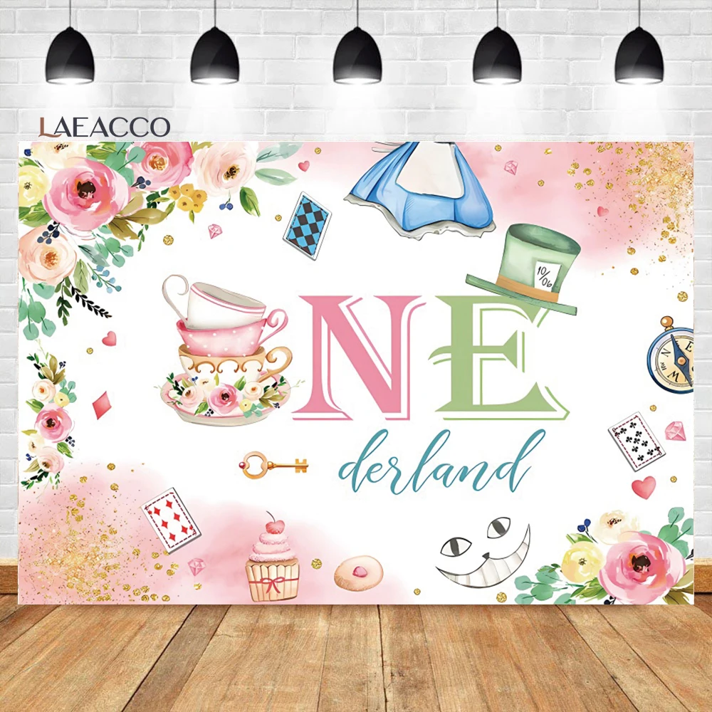 

Laeacco Tea Party Onederland Backdrop Wonderland Pink Floral Poker Girls 1st Birthday Portrait Custom Photography Background