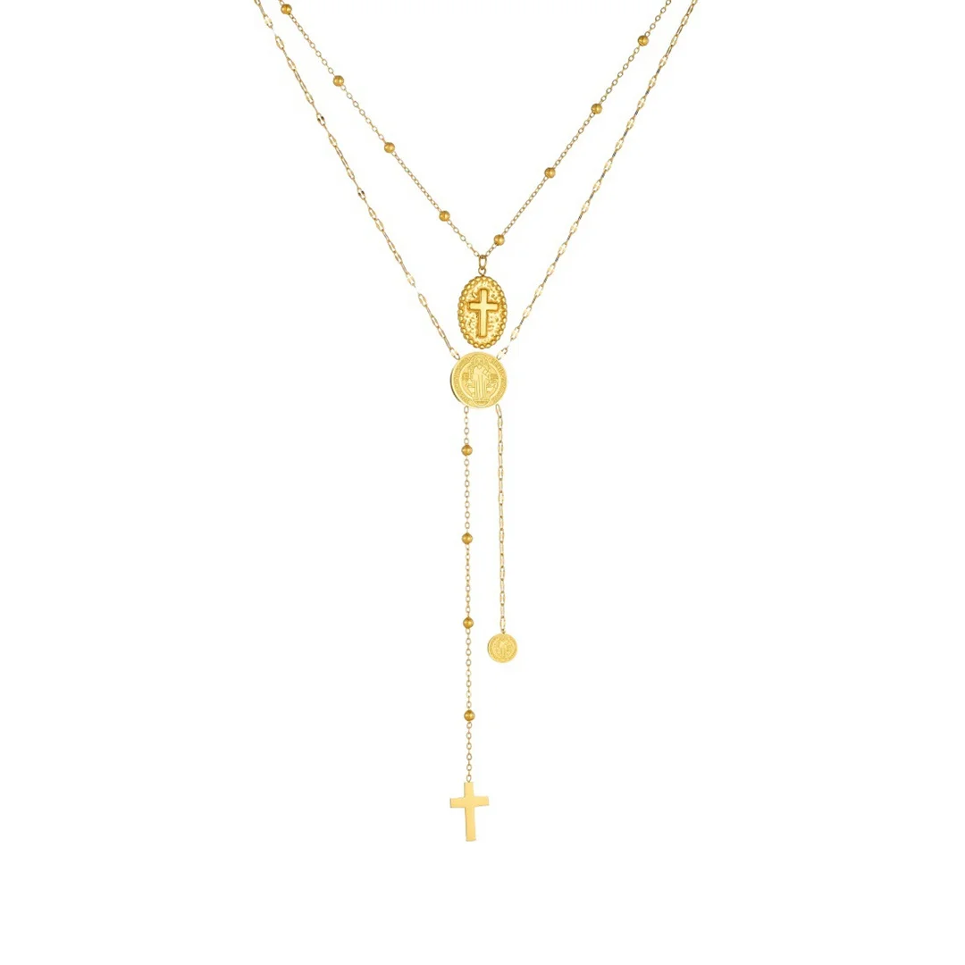 Religious Virgin Mary Cross Pendant Female Gold Color Stainless Steel Double Layer Long Bead Chain Necklace for Women Jewelry