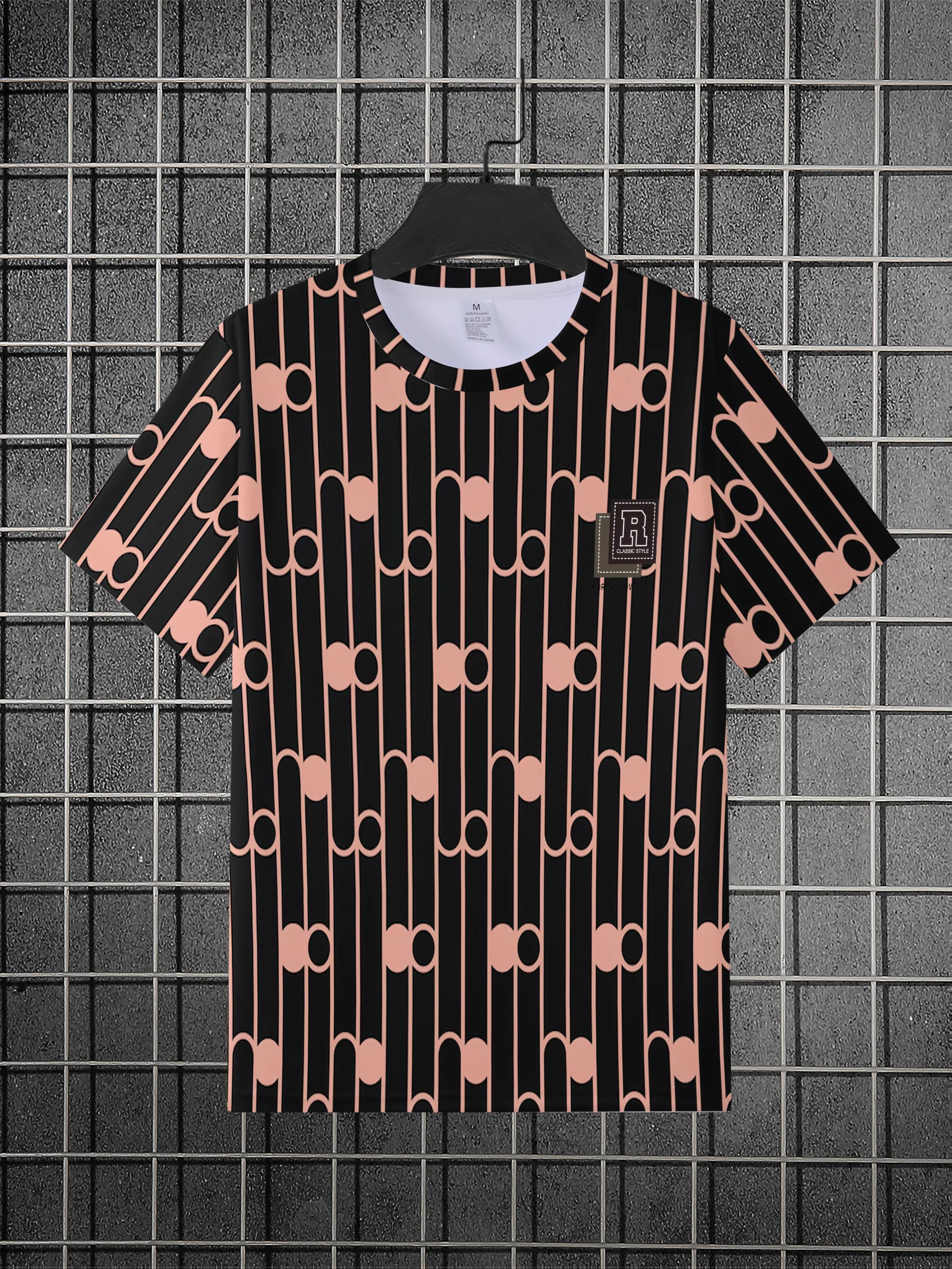 Men Black Vertical Line Pink Oval Ring Small Square Logo Print Crew Neck Short Sleeve T-shirt