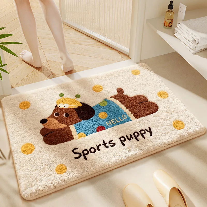 Cute Cartoon Puppy Bath Mat Polyester Absorbent Non‑Slip Thermoplastic Rubber Back Bathroom Floor Rug For Home Entrance