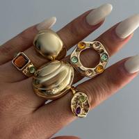5Pcs/Set Vintage Irregular Metal Large Circular Rings for Women Men Colorful Rhinestone Opening Rings Punk Jewelry Accessories