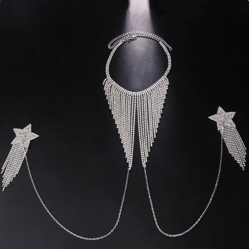 Shiny Rhinestone Star Tassel Breast Patch Chain Body Jewelry Women Sexy Nipple Patch Chest Jewelry Body Chain Necklace Gift