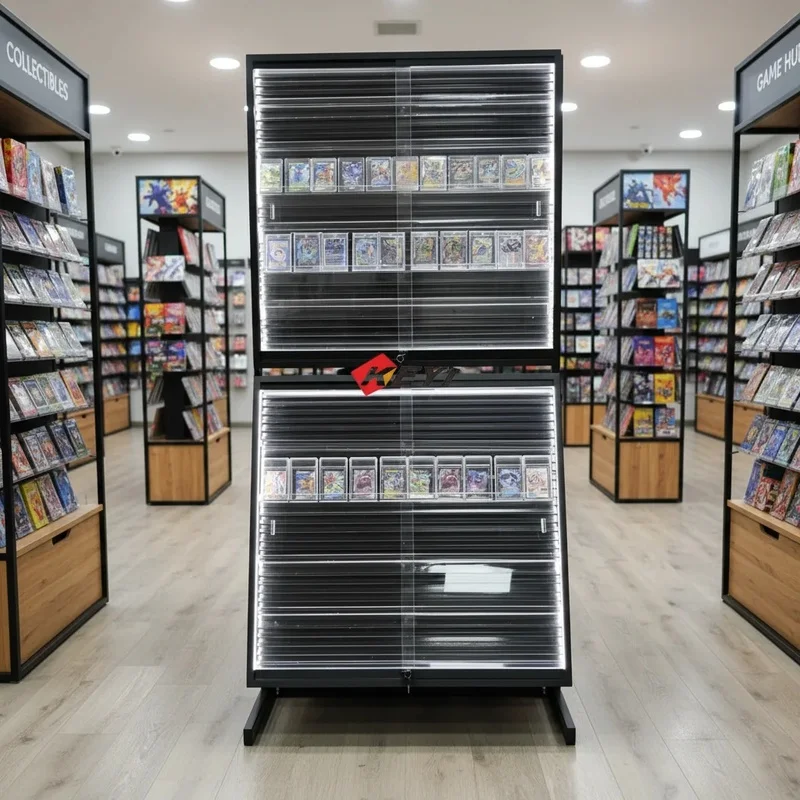 custom.Customized Modern Single & Double Side Trading Card Display Rack with Adjustable Shelves Rotating LED Lights Eco-friendly