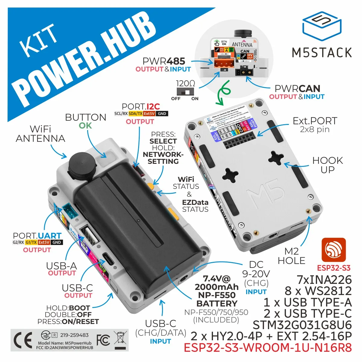 M5Stack PowerHub main control module ESP32-S3 with dual-core Xtensa LX7