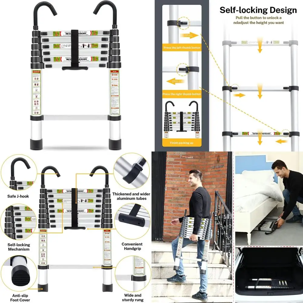 سلم تصغير محمول من الألومنيوم، امتداد 6.5 قدم مع أقدام غير قابلة للانزلاق وخطاف ثابت للاستخدام المنزلي، مثالي للوصول إلى Hei