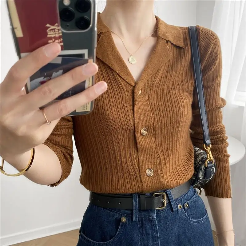 Autumn Winter Simplicity Turn-down Collar Cardigan Women Clothing Fashionable Buttons Solid Color Knitting Top Tee Ladies Tops