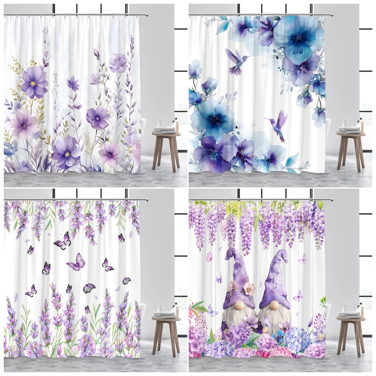 Floral Shower Curtains Purple Lavender Wisteria Cute Elf Butterfly Hummingbird Watercolour Flower Plant Bathroom Curtain Decor