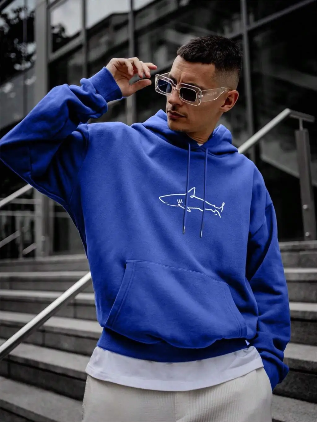 Simple Shark Printing Hoodie For Men Kangaroo Pocket Drawstring Pullovers Thermal Fleece Warm Sweatshirts Autumn Casual Clothes