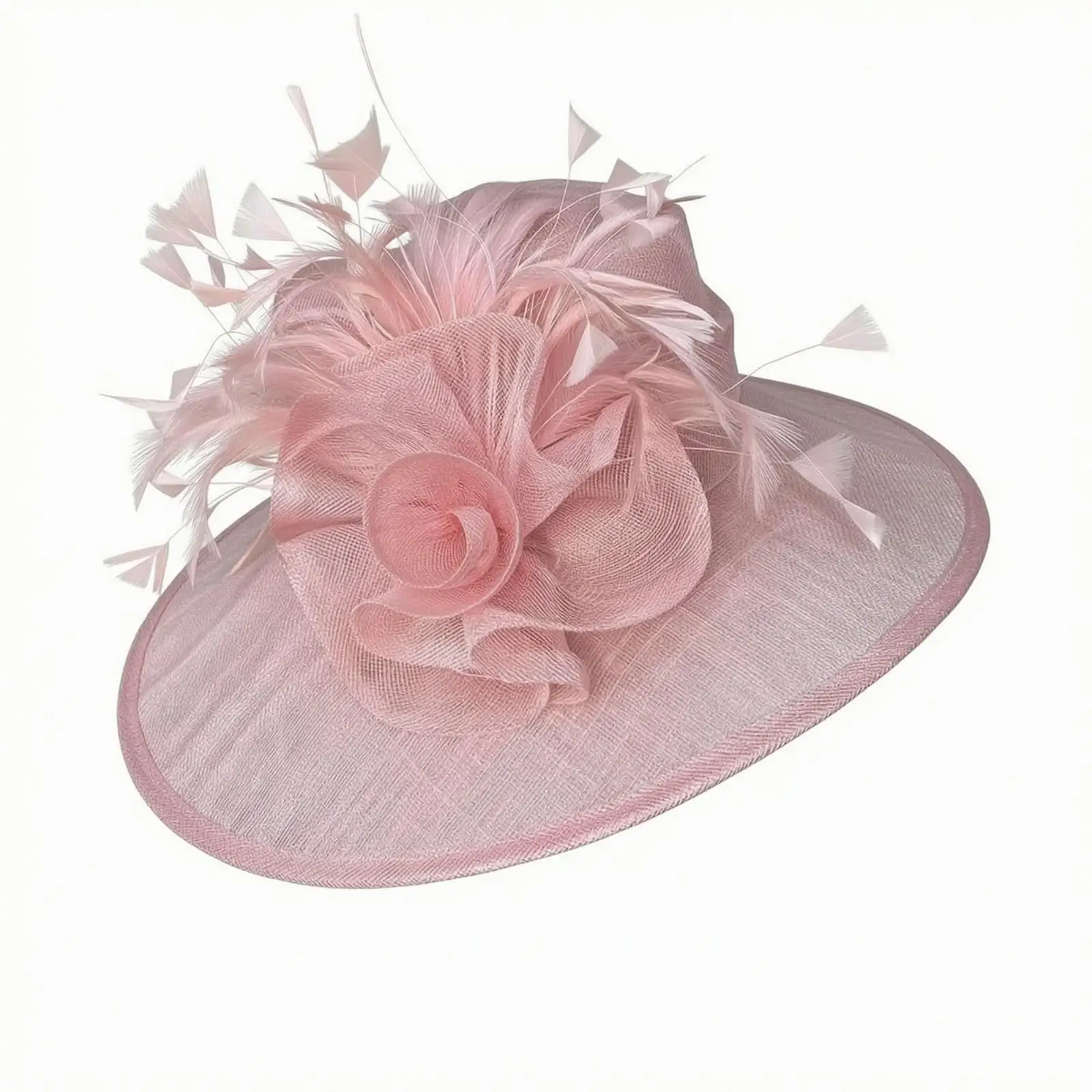 Vintage Women Sun Hat Wide Brim Breathable Mesh Feather Decor Adjustable Linen Cap for Beach Wedding Formal Event
