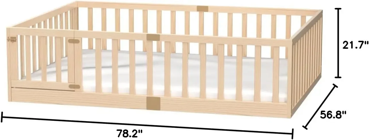 Safety Guardrails and Door, Montessori Floor Bed for Kids, Wood Kids Floor Beds Frame, Door Can Install Left and Right, Full-Nat