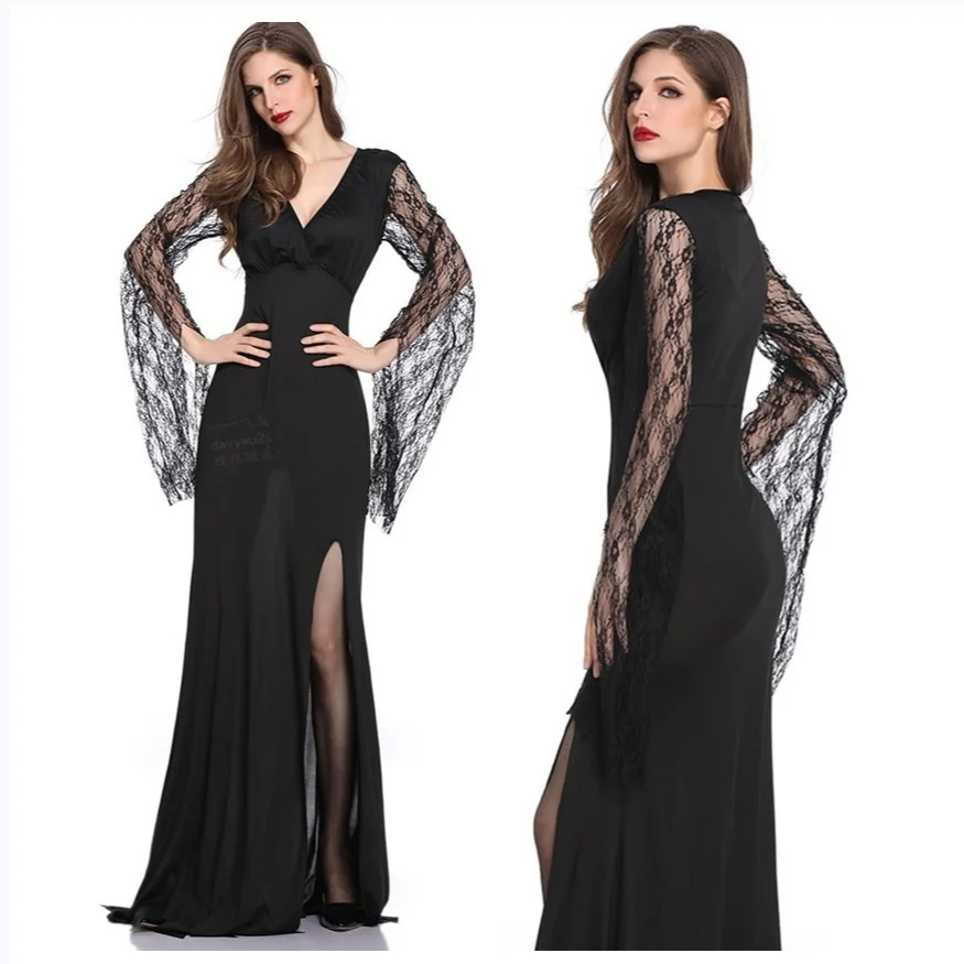 

2025 Новый Хэллоуин Бог Смерти Ведьма orm Long Dr Deep V Bla Костюм Женская модная одежда для выступлений на сцене