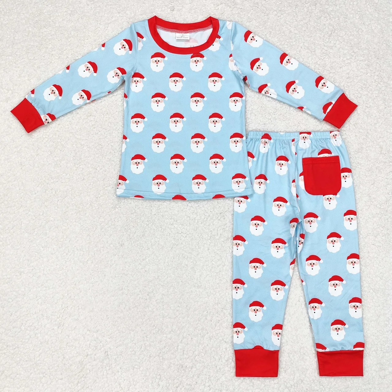 Wholesale Children Christmas Santa Set Long Sleeves Blue Shirt Pocket Pants Baby Boy Girl Sleepwear Pajamas Kids Toddler Outfit