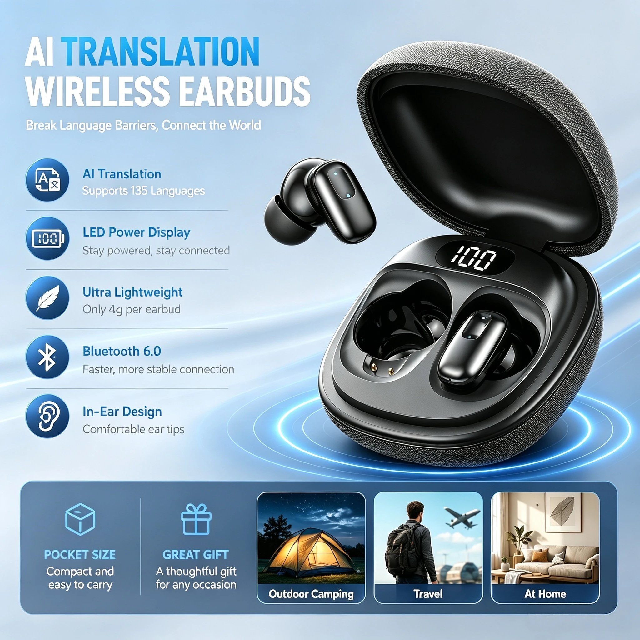 HTC NE75 Wireless Headphones 135 Language AI Translator Earbud Low Latency Battery Display Long Battery Soft Bluetooth Earphones