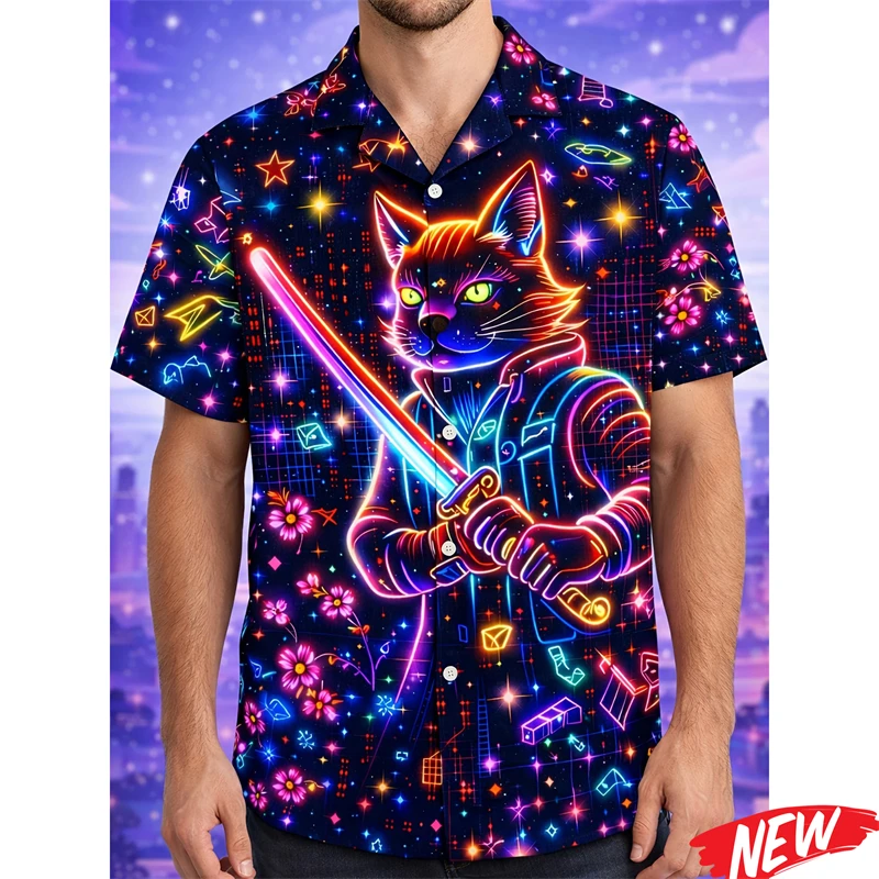 

Cartoon Cat Dog Pattern Shirt For Men Button Short Sleeve Spring Summer Beach Lapel Shirt 3d Printing Animal Hawaiian Shirts