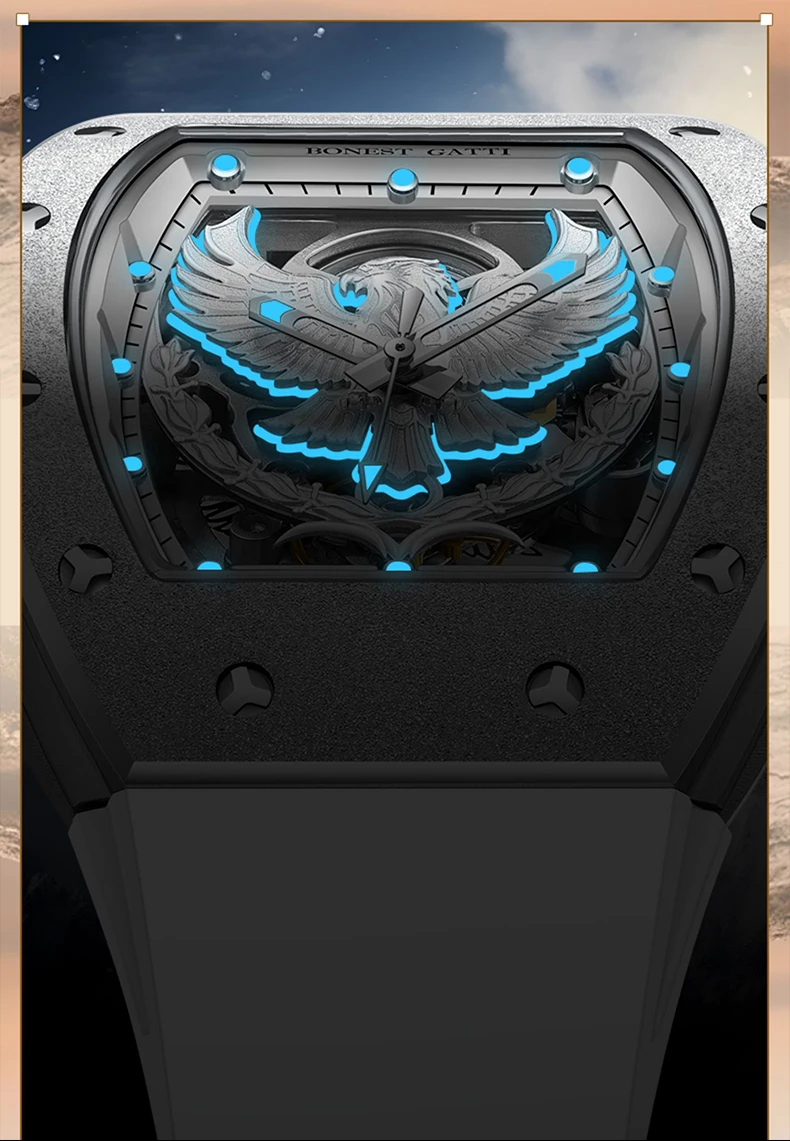 BONEST GATTI Мужские автоматические часы 43*50 мм Механические наручные часы Tonneau с сапфировым стеклом Светящийся скелет Орел Циферблат Фторкаучуковый ремешок