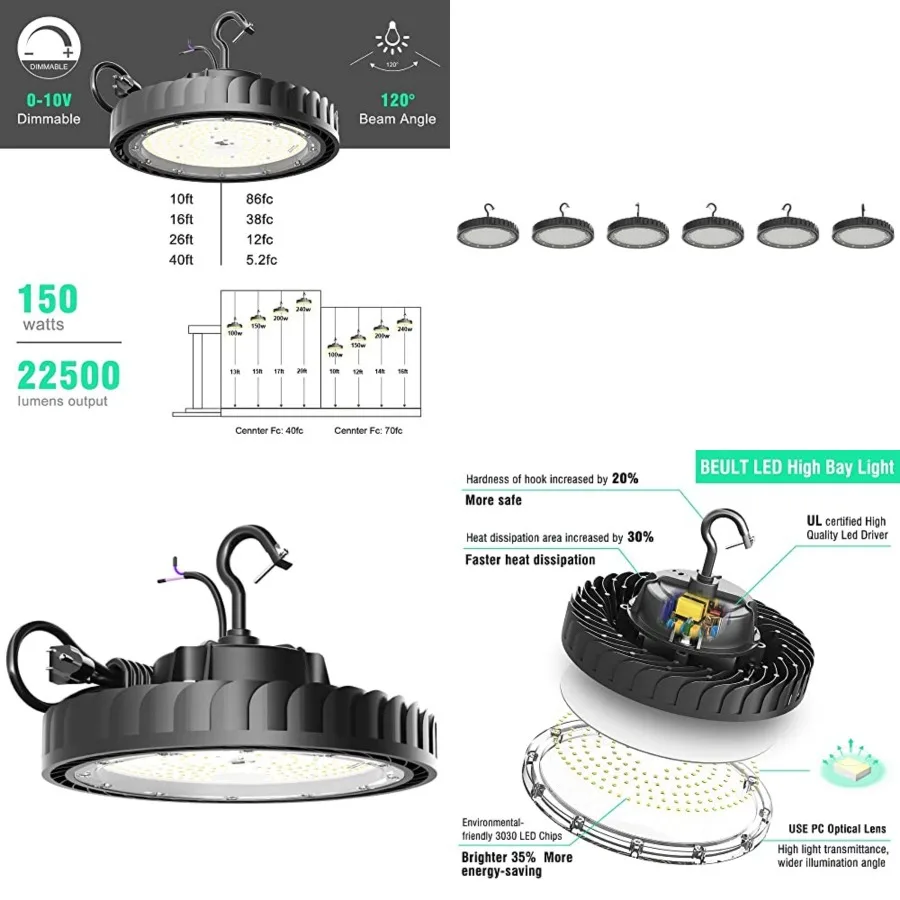 

UFO LED High Bay Light 150W, 22, 500lm 0-10V Dimmable, 5000K Daylight Shop Lights for Warehouse, Workshop andFactory, Includes