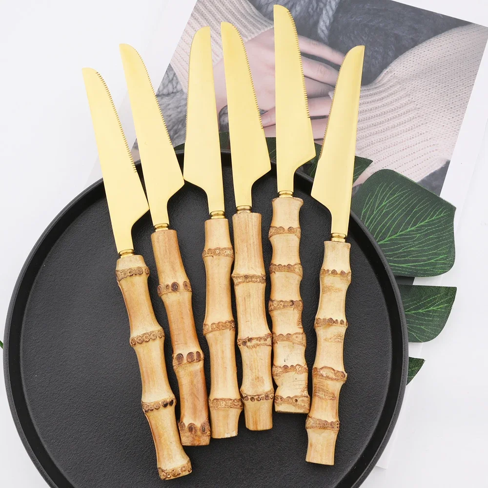 6Pcs Gold Imitation Bamboo Handle Dinnerware Set Stainless Steel Tableware Steak Knife Cutlery Set Western Kitchen Silverware