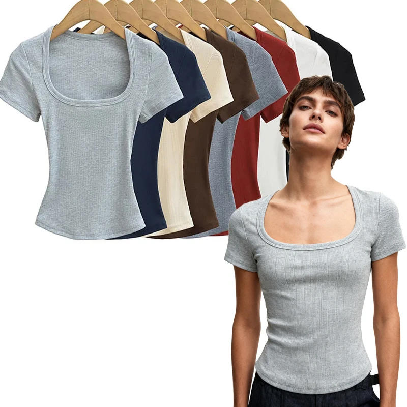 2025 Summer square neck high elasticity crop top women's short sleeved sexy top slim fit pullover base shirt