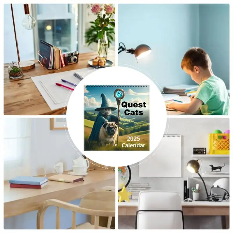 Kalendarz ścienny 2025 Zabawna ilustracja Kalendarz ścienny z kotem Śliczne akcesoria biurowe Materiały biurowe do planowania harmonogramów