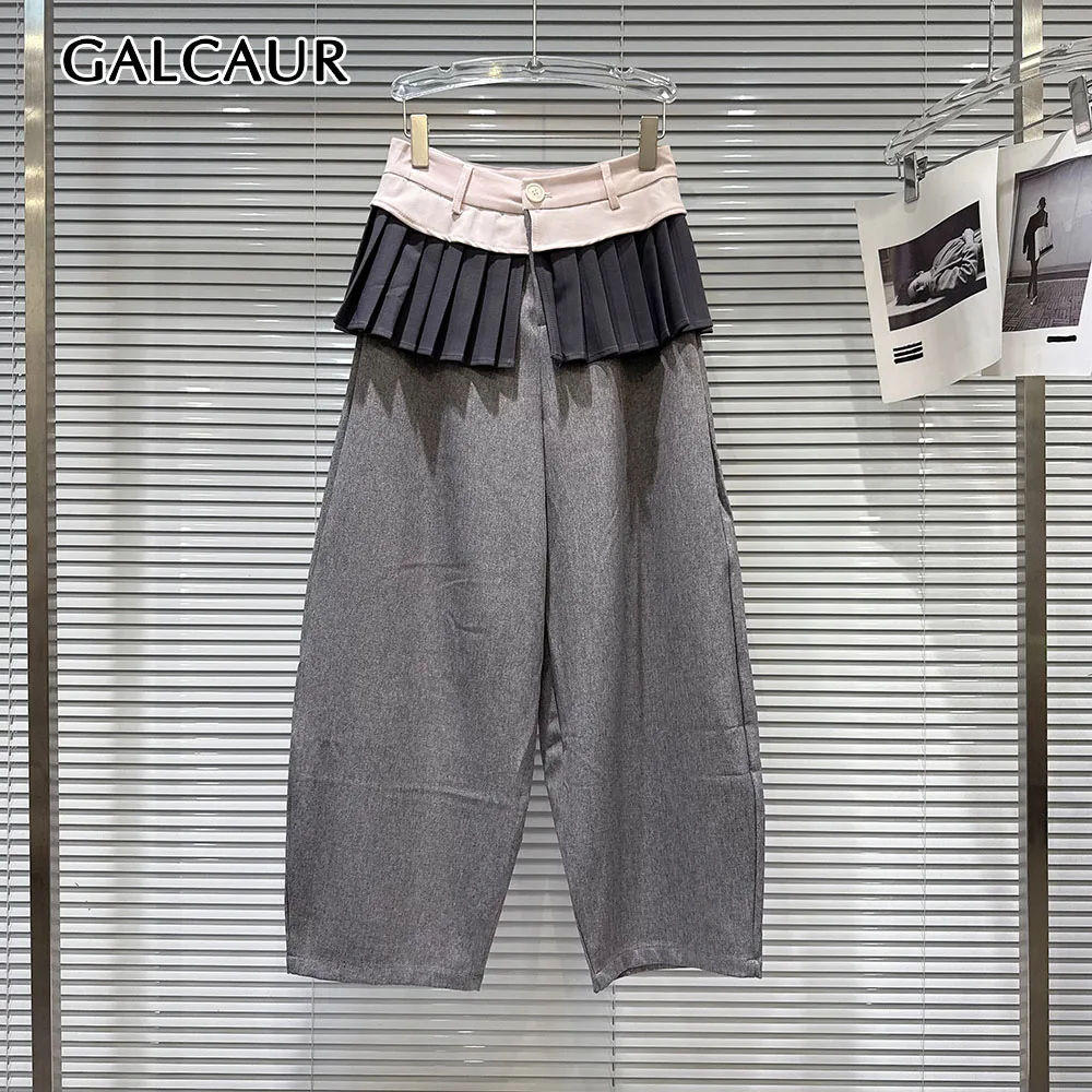 GALCAUR Ruffle Spliced Colorblock Loose Casual Pants for Women High Waist Patchwork Button Wide Leg Trousers Female Fashion New