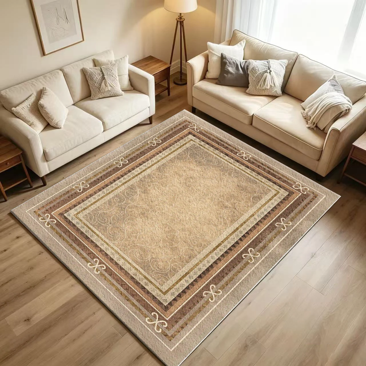Antique Beige Multi-Border Carpet, Non-Slip, Washable, Vintage and Luxurious, Suitable for Living Room and Entryway