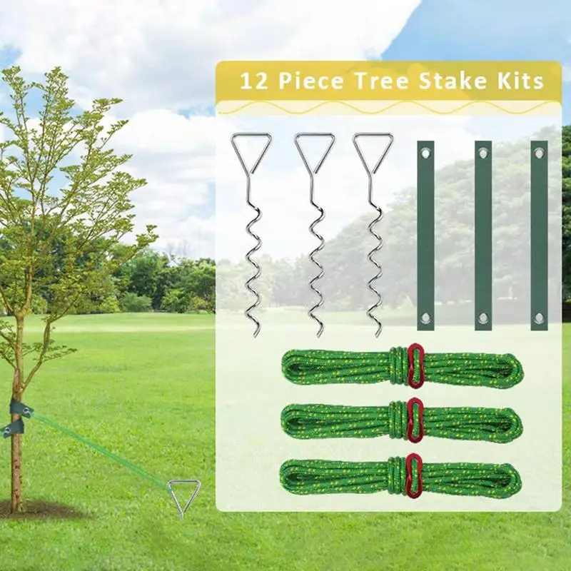 Tree Stakes Kit Windproof Metal Tree Straightening Stakes Garden Spiral Plant Support Weather-Resistant Stakes With Straps For