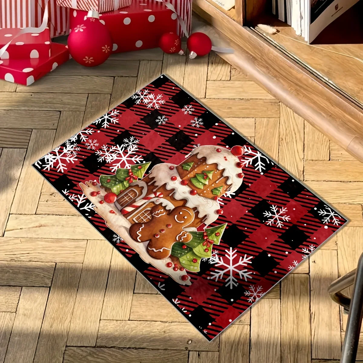 

VIKAMA Christmas Cartoon Gingerbread Man, Buffalo Check, Bathroom Non-Slip Mat, Dirt-Proof, Water-Absorbing Carpet Home Decor