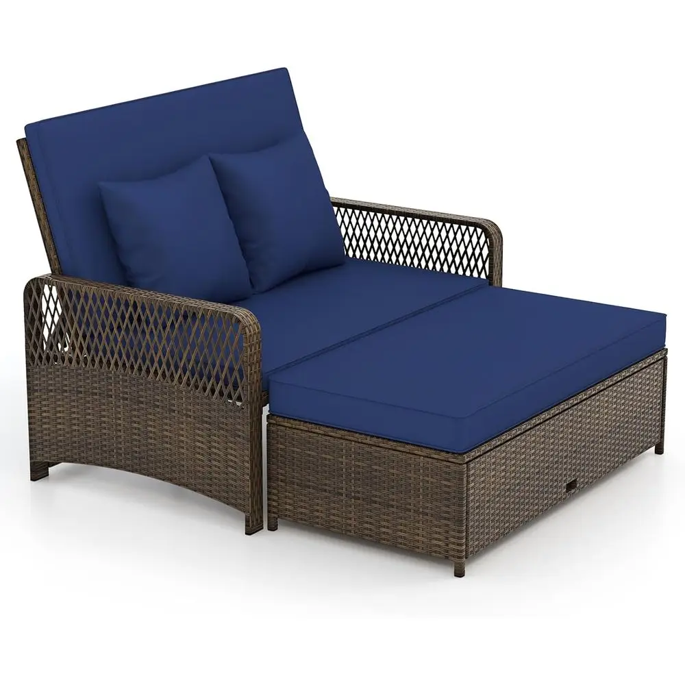 

2-Person Navy Outdoor Rattan Daybed with Adjustable Backrest, Storage Ottoman, and Cushions for Patio, Porch, or Poolside