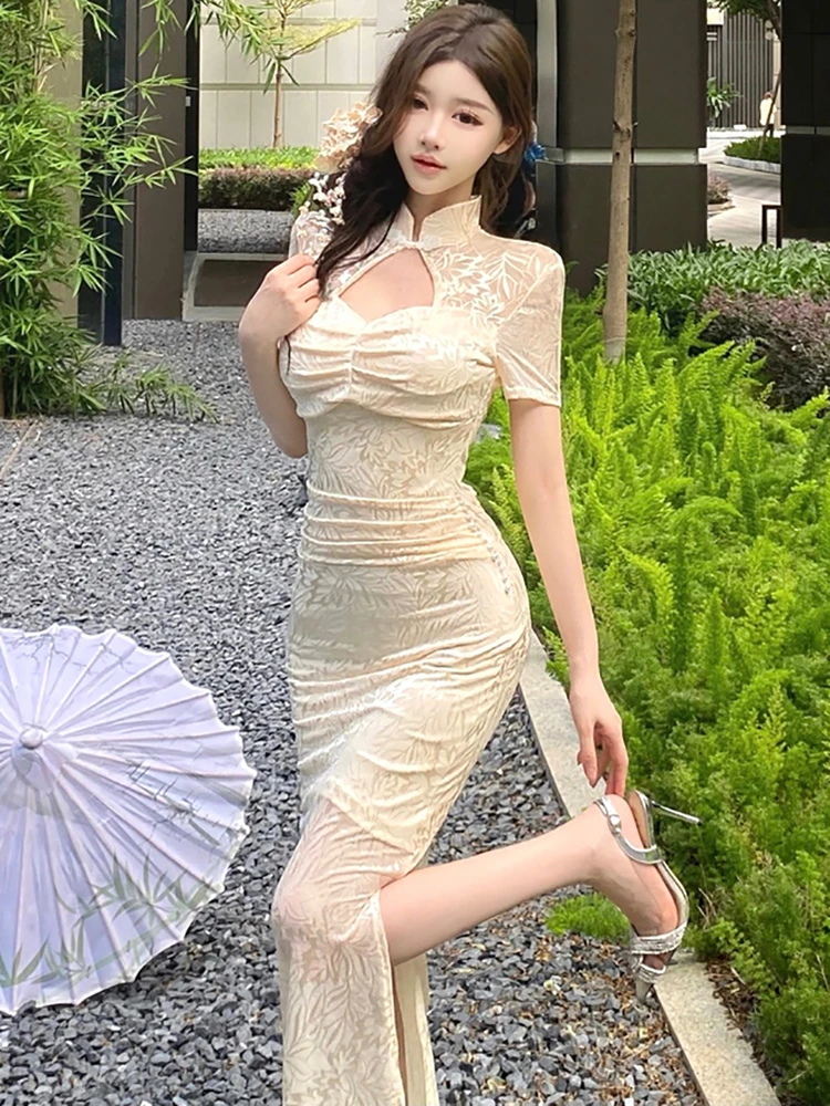 Frauen Solide Jacquard Aushöhlen Stehkragen Langes Kleid 2025, Koreanische Luxus Party Abendkleid Sommer Elegante Bodycon Prom Kleid