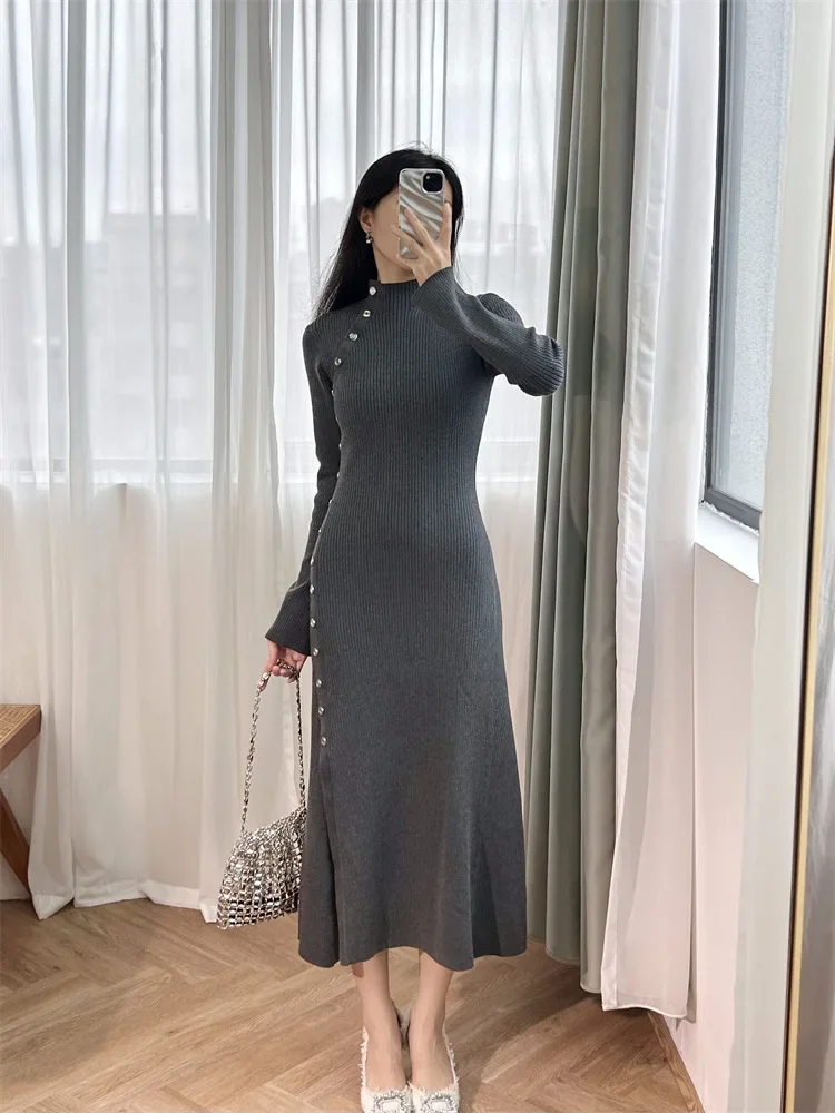 Vestido Midi de punto de un solo pecho para mujer, Cuello medio alto, manga larga, abertura gris, Vintage, Otoño e Invierno