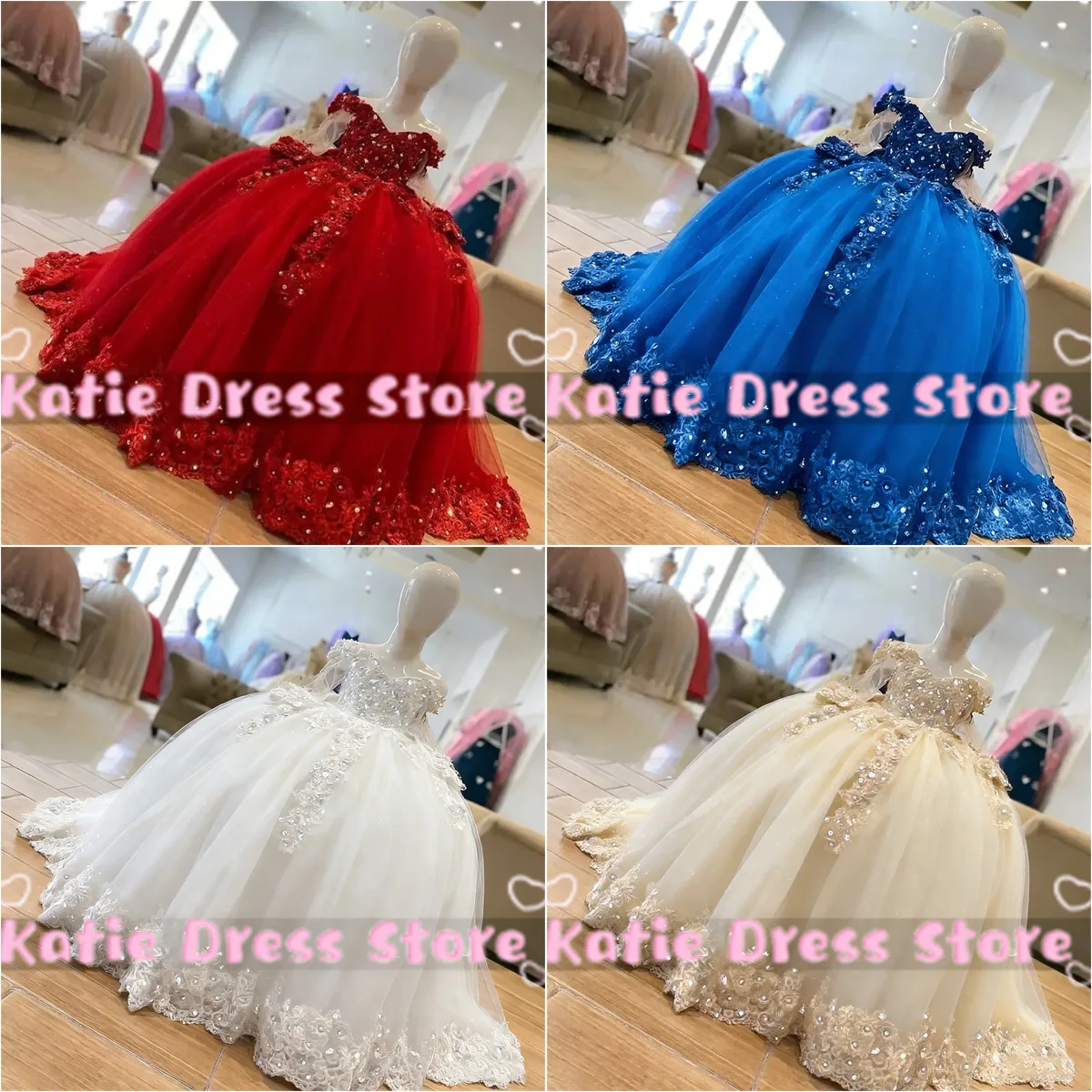 Sparkling Flower Girl Dress For Wedding Lace Applique Tulle Puffy Kids Birthday Party First Communion Ball Gowns Customized