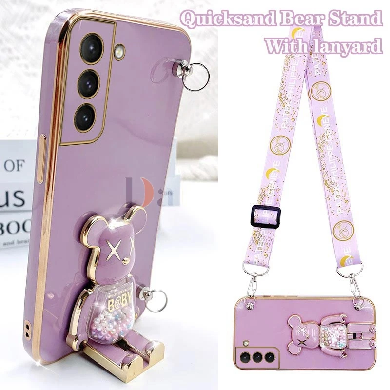 Cartoon Bear Lanyard Plating Phone Stereoscopic Holder Case For Samsung Galaxy S22 S21 Ultra S23 Plus A31 A72 S9 A23 A22 Cover