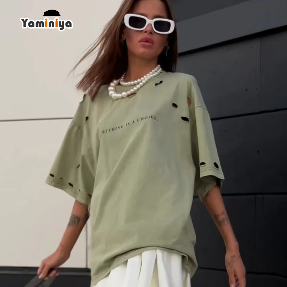 Yaminiya Hole Torn Vintage T-shirt 90S Women Letter Printed Loose O Neck Boyfriend Streetwear Tees Shirt Harajuku Green Tops