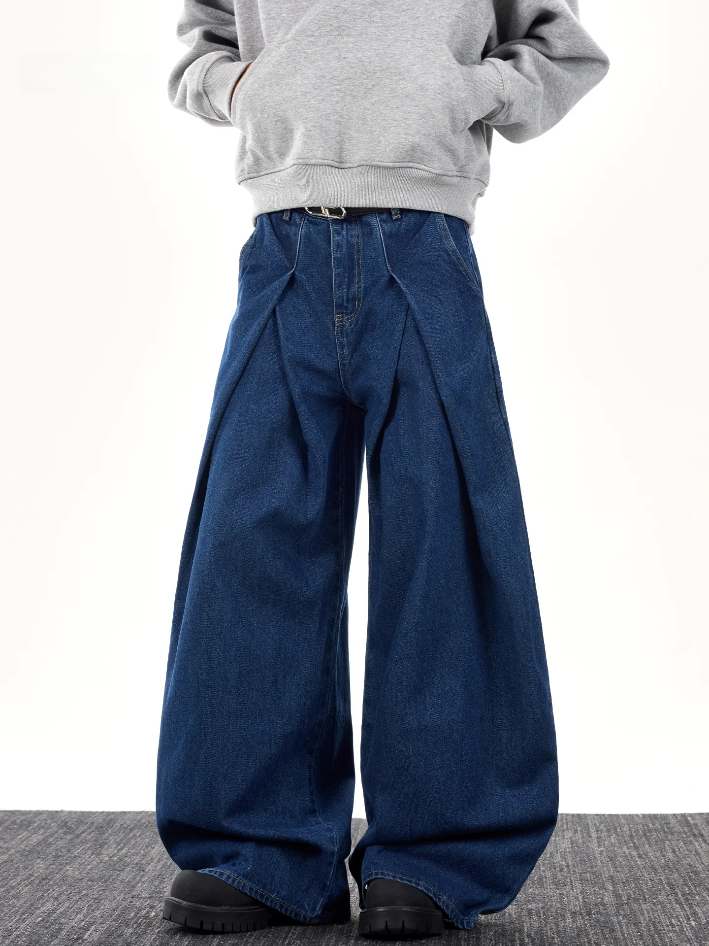 

American High Street Pleated Deep Blue Folded Men's Jeans Autumn Winter Waed Loose Wide Leg Long Pants Straight Tube