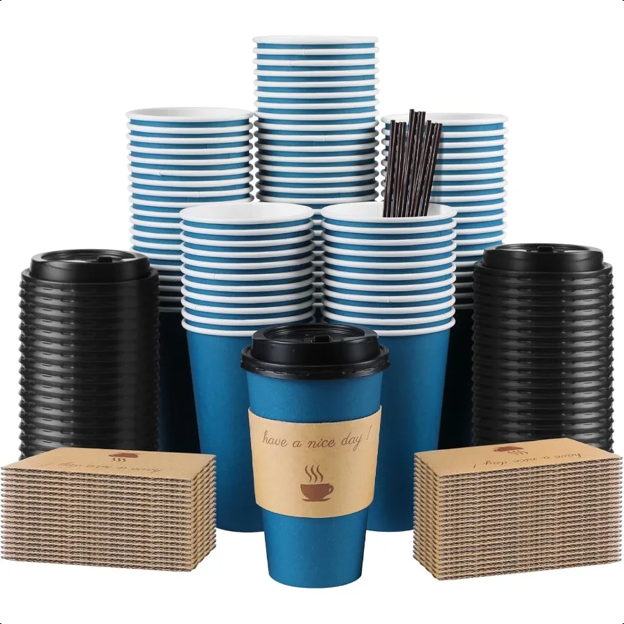 

100 Pack 16 oz Coffee Cups with Lids To Go Paper Coffee Cups with Sleeves and Stirring Sticks for Hot Cold Drinks Office Home