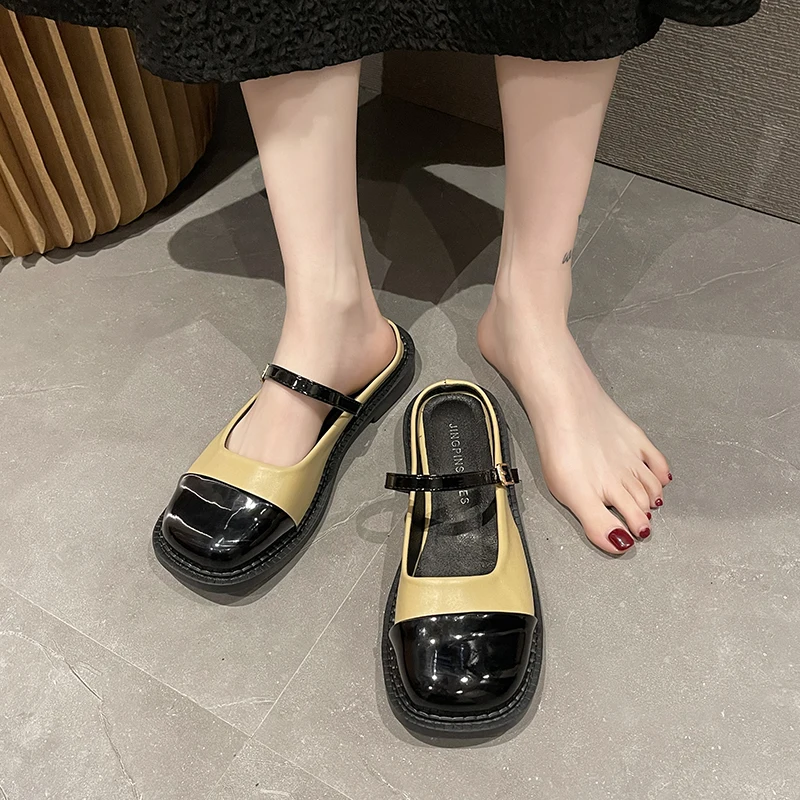 Mules For Women 2024 Female Shoes Slippers Soft Slides Cover Toe Low Shallow New Comfort Flat Basic Spring Fabric Retro PU