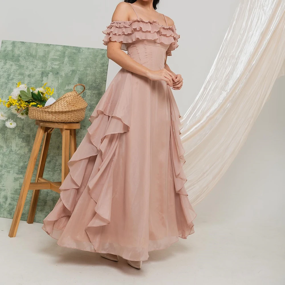Customized A-line Evening Dresses Ankle-length Spaghetti Strap Sleeveless Prom Gown Fashion Ruched Draped Backless Party Gown
