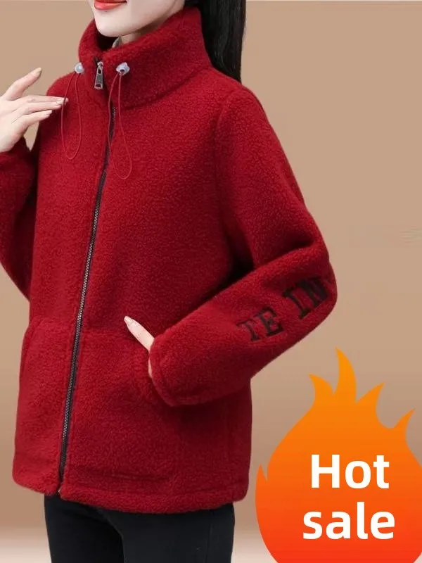 

Ladies Thiened Lamb Velvet Jaet Autumn Winter Loose Faionable Warm Pure Color Polyester Fiber Long Sve Zipper Coat