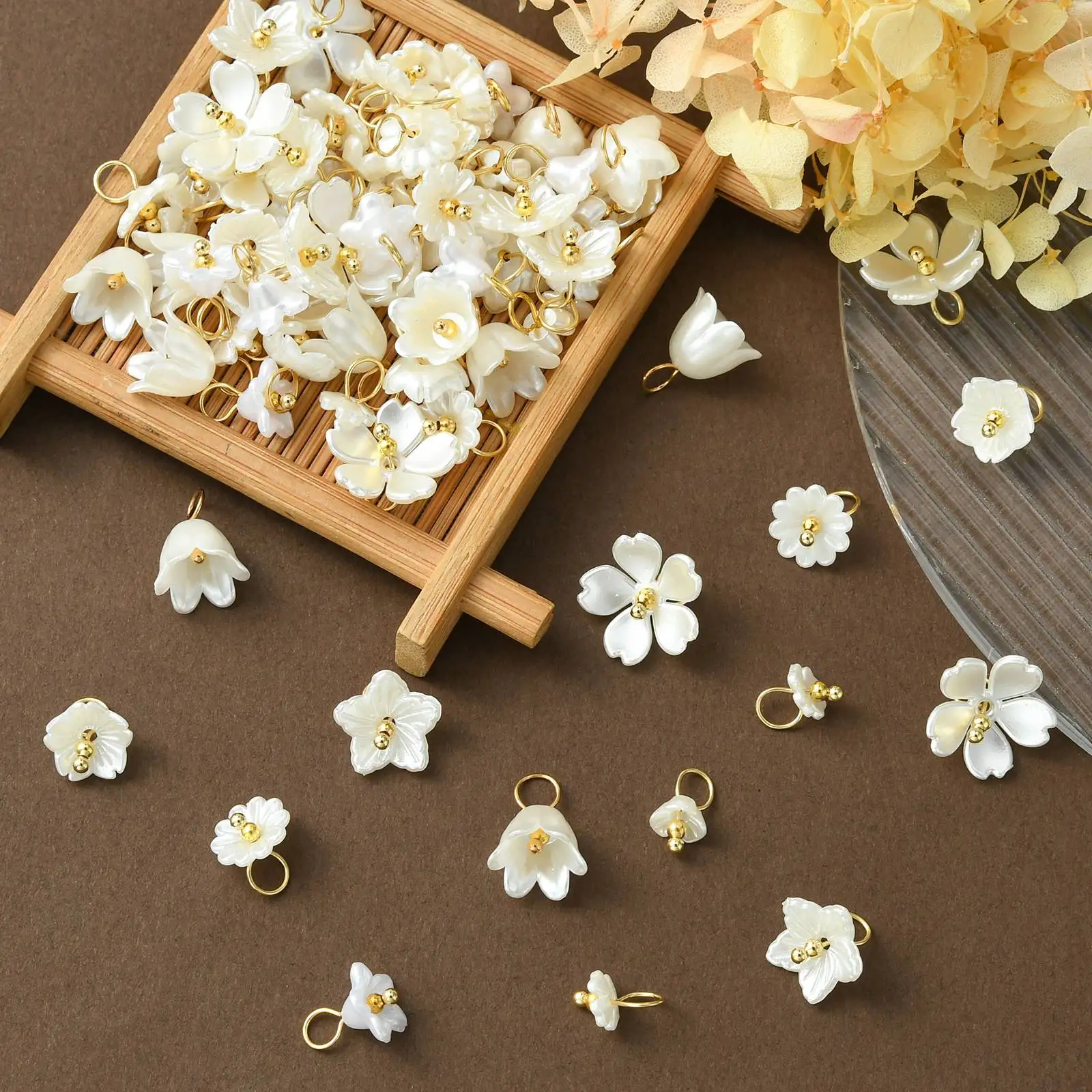 Pandahall 80Pcs 8 Styles White Flower Charms Imitated Pearl Acrylic Flower Charms for Jewelry Crafts Making