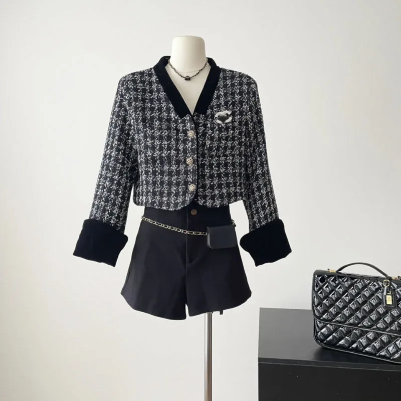 Plaid Vintage Patchwork Short Jacket Single Breasted Elegant  French Commuter Loose Short Coat