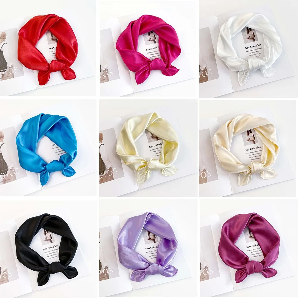 Solid Color Scarf 60x60cm Satin Silk Square Multi-way Wrap Shawl Scarf for Women Chic