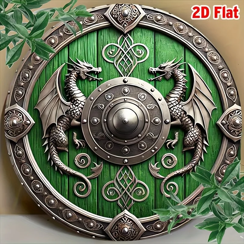 Vintage Distressed Fantasy Dragon Shield Design High Definition Metal Wall Art Sign 2D Flat Round Iron Painting Celtic Norse Orn