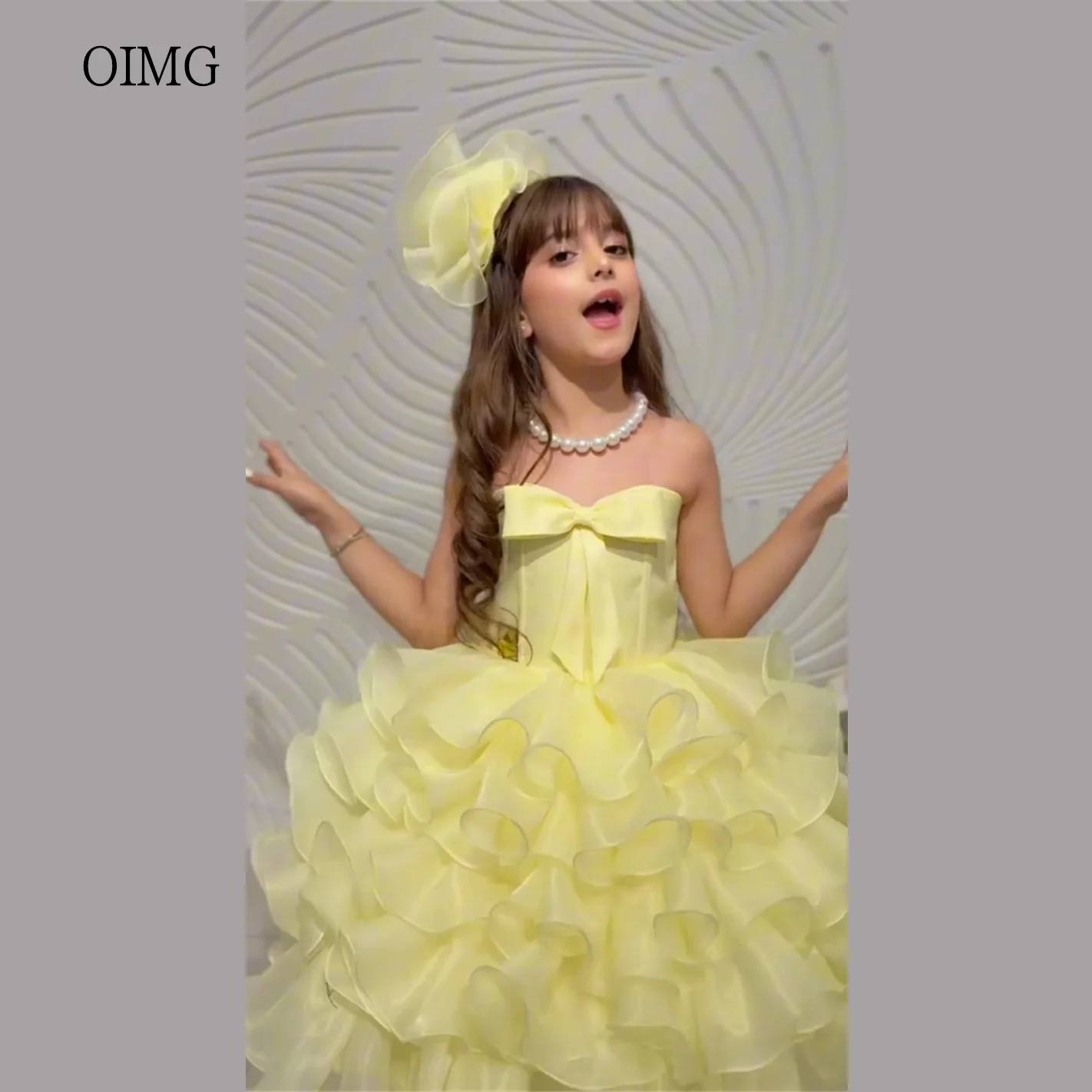 

OIMG Luxury Yellow Ball Flower Girl Dresses Bow Strapless Ruffled Wedding Party Dress Tea Length Birthday Dress Customized
