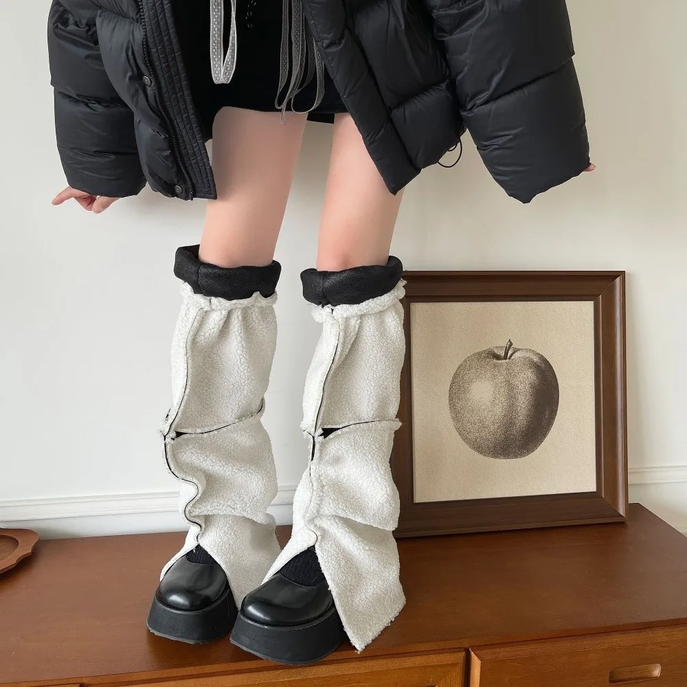 Y2K Thickened Suede Leg Warmers Mid-calf Wind Protection Foot Cover Turn-down Collar Design Warm Boots Cover Women