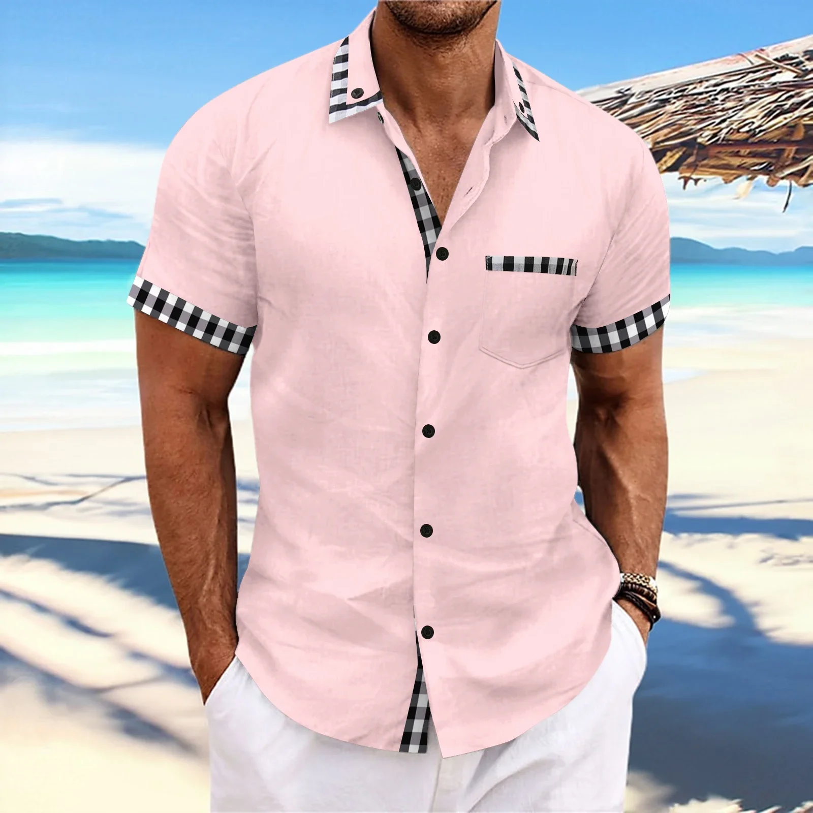 Summer men's fashion explosion solid color matching color pocket short-sleeved shirt, casual trend comfortable slim beach men's