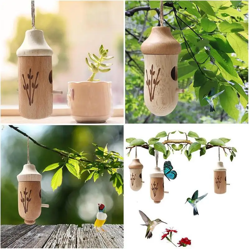 Wooden Hummingbird House for Outdoor Hanging Birds Nesting Feeding Container Garden Courtyard Balcony Decor Wren Swallow Houses