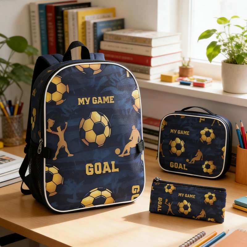 

Football Themed Unisex Backpack Lunch Bag & Pencil Case Set Sporty Style for Back-to-School Suitable for All Occasions