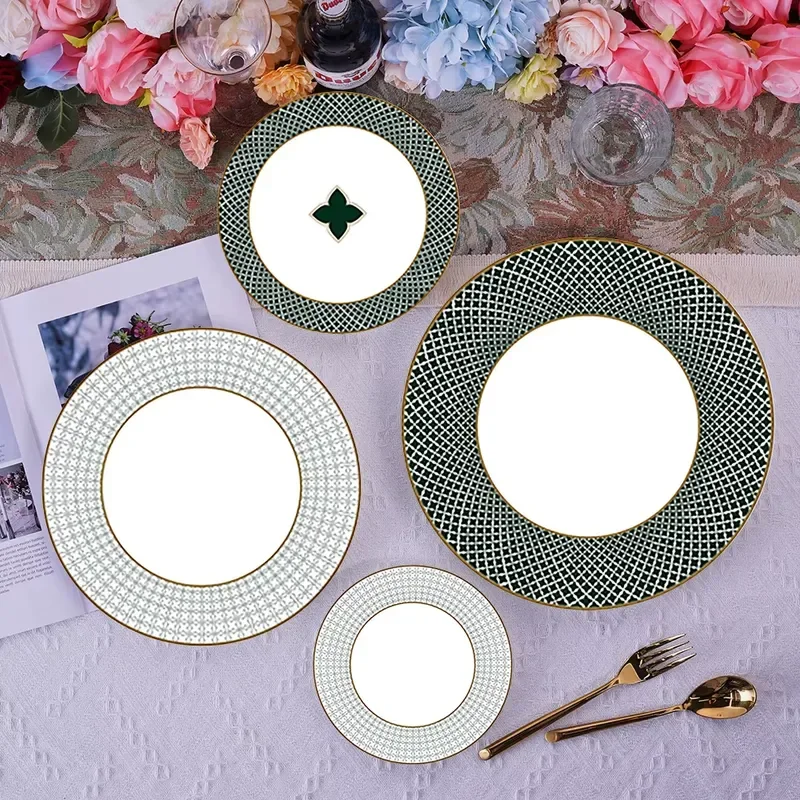 Classic Elegant Bone China Green Clover Floral Decal Charging Plate Ceramic Tableware for Events and Catering